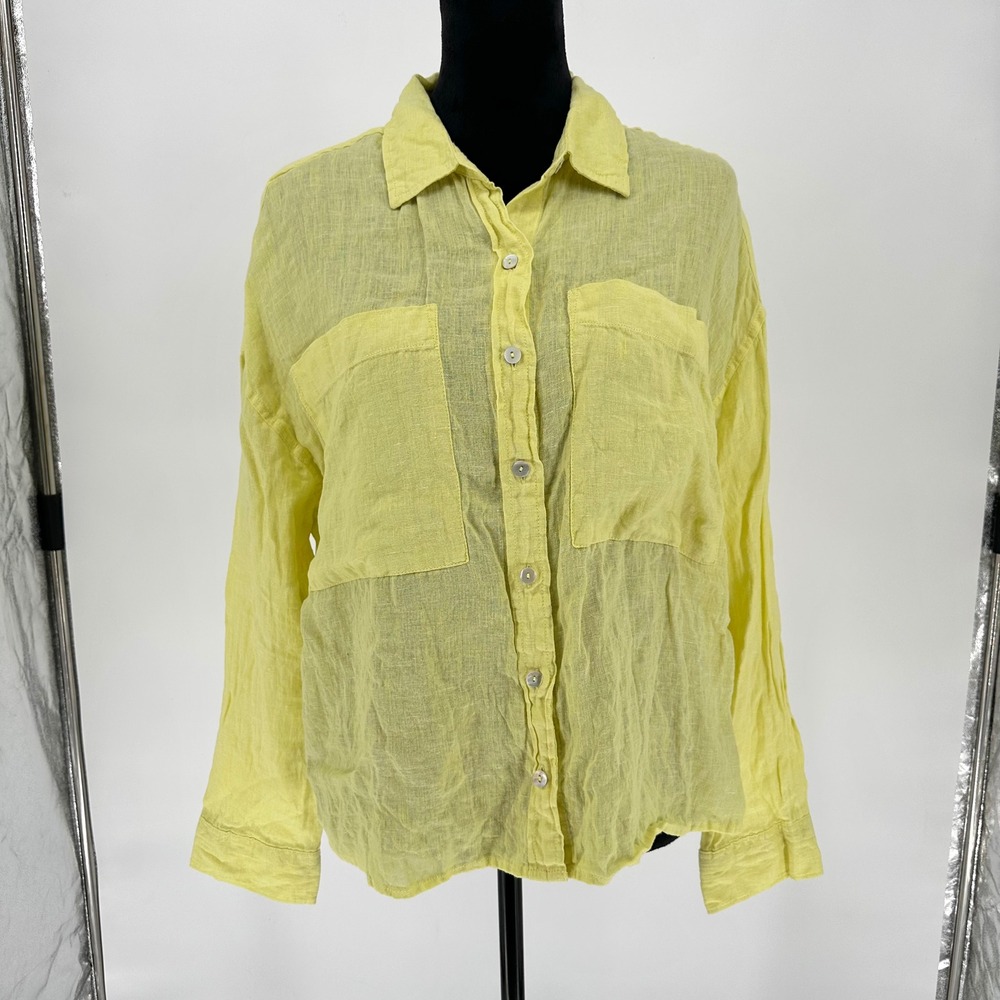 Cynthia Rowley Limeade Yellow 100% Linen Button Up Boxy Pocket Front Lagenlook L